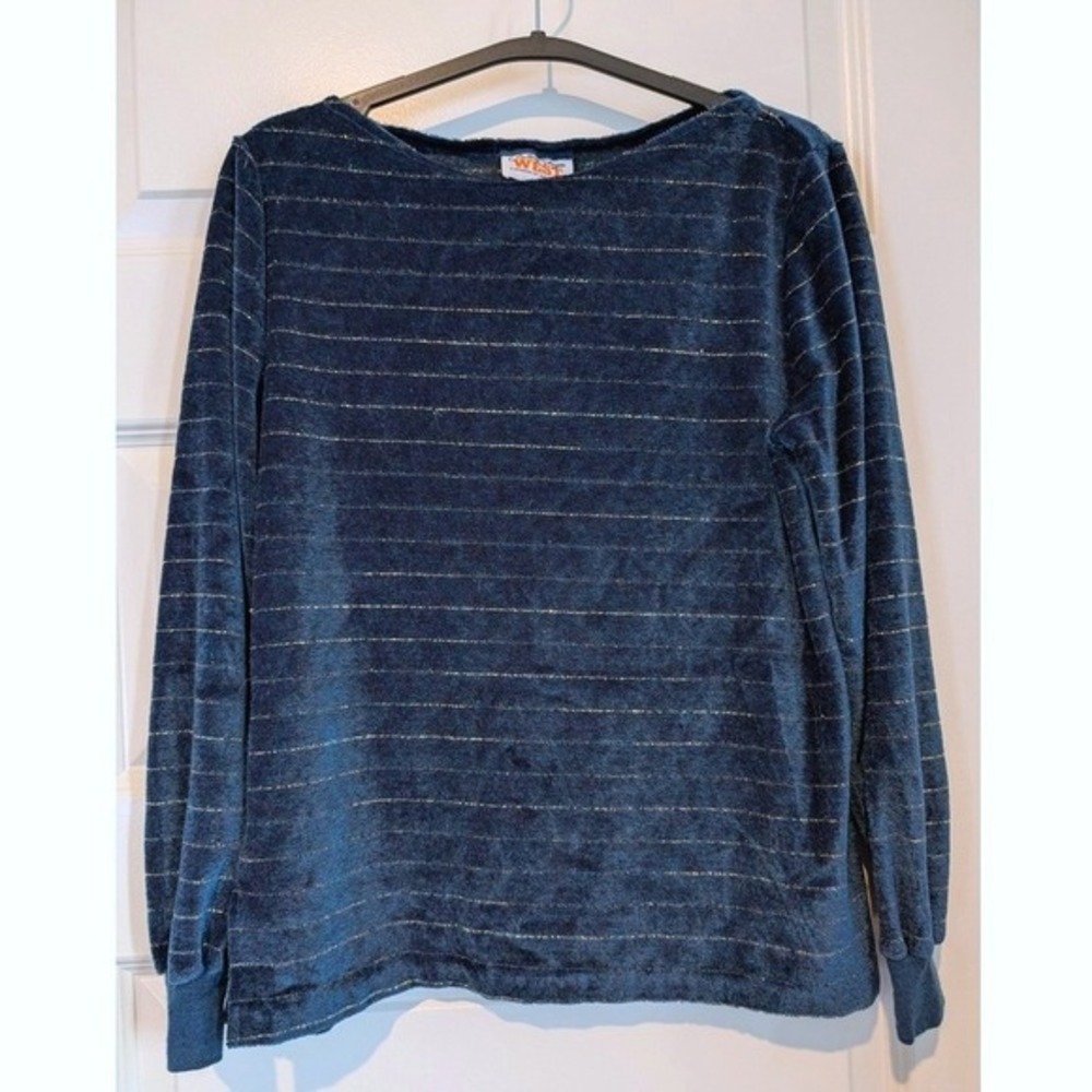 Center Stage‎ Blue Velvet Sweater with Metallic Stripes